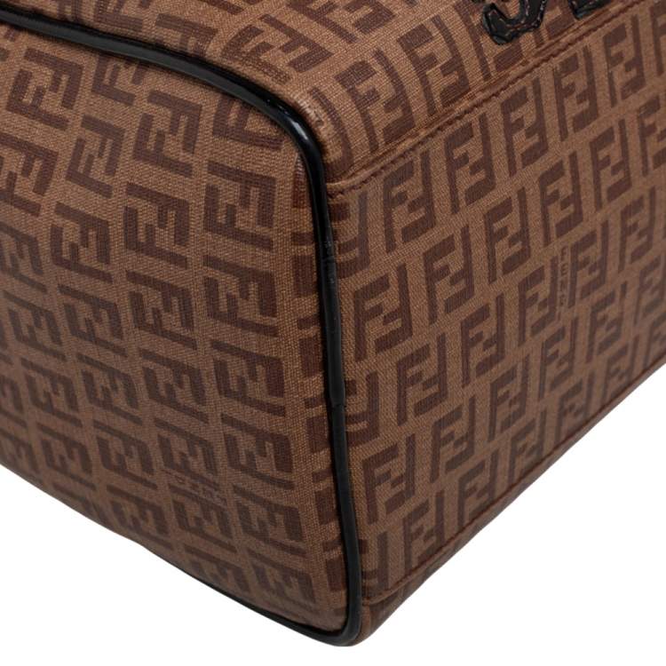 Pre Owned Fendi Tobacco Zucchino Coated Canvas And Patent Leather Boston Bag