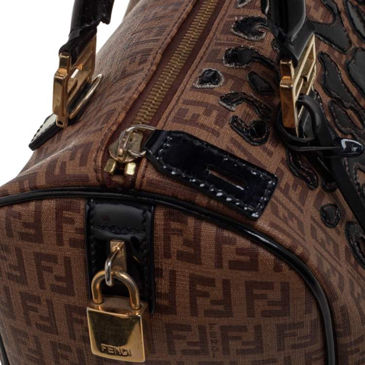 Pre Owned Fendi Tobacco Zucchino Coated Canvas And Patent Leather Boston Bag