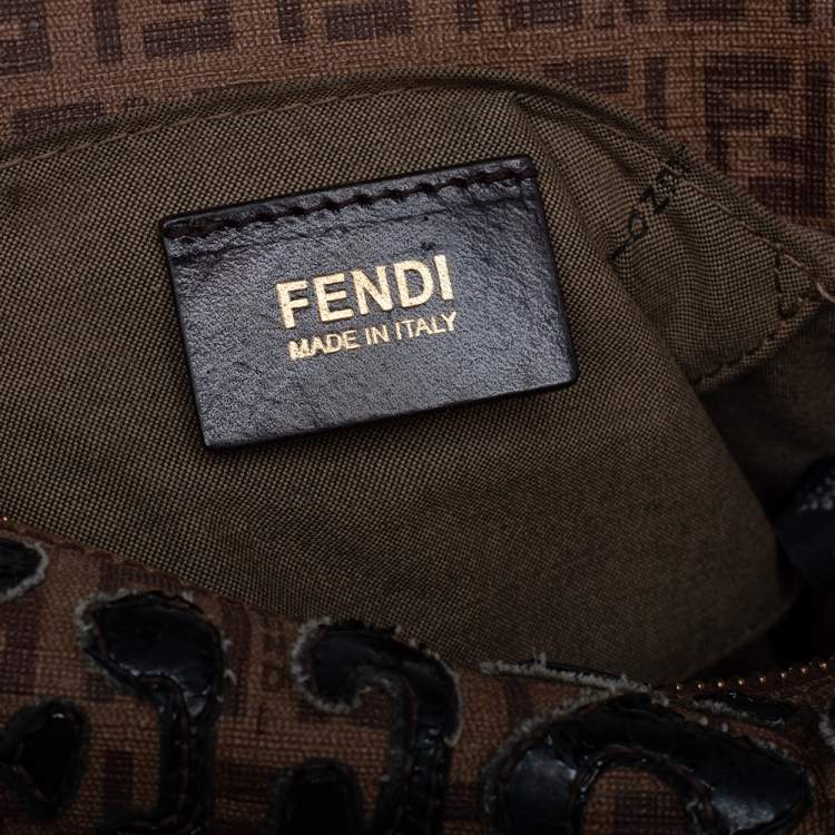 Pre Owned Fendi Tobacco Zucchino Coated Canvas And Patent Leather Boston Bag