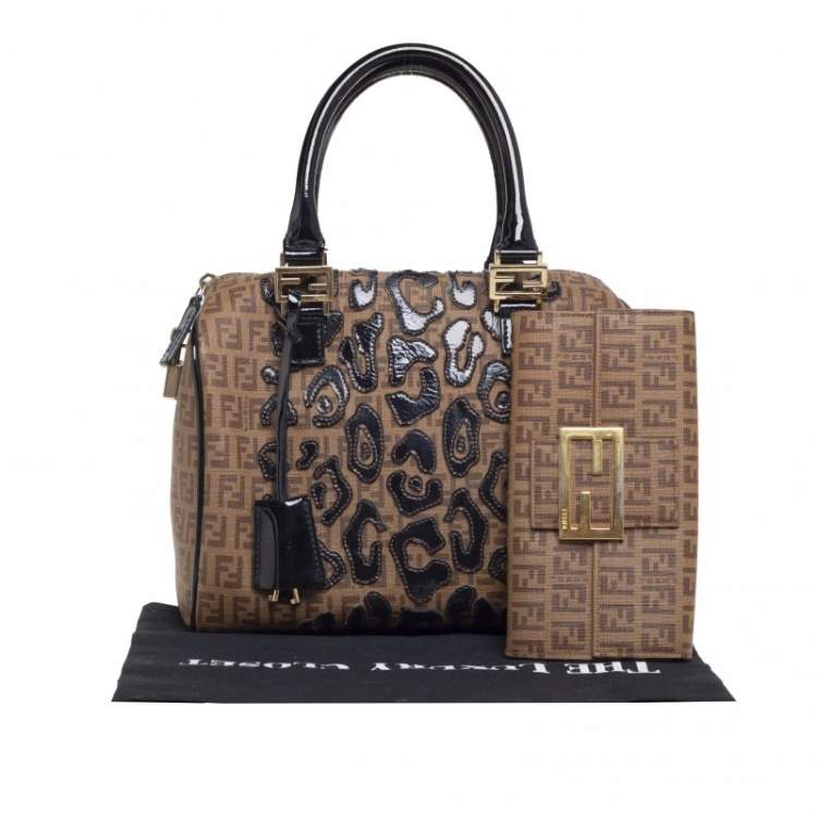 Pre Owned Fendi Tobacco Zucchino Coated Canvas And Patent Leather Boston Bag