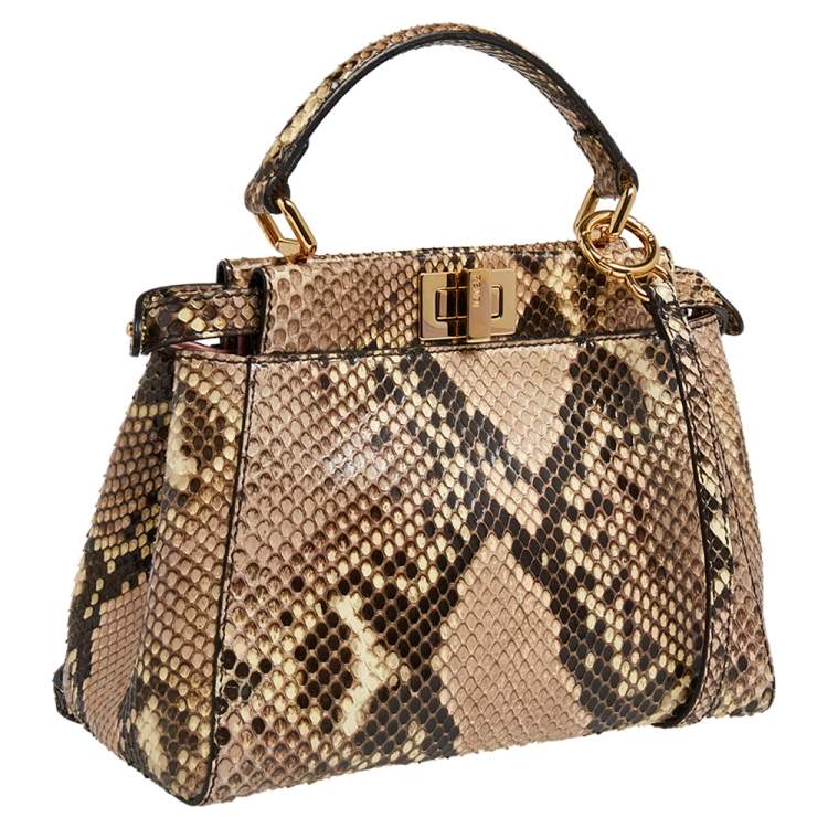 Pre Owned Fendi Beige Python Mini Peekaboo Top Handle Bag