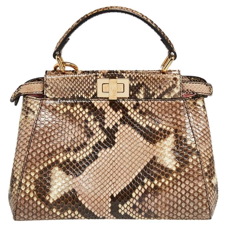 Pre Owned Fendi Beige Python Mini Peekaboo Top Handle Bag