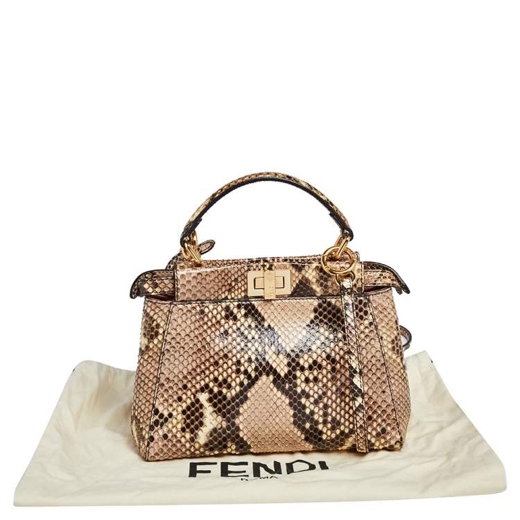 Pre Owned Fendi Beige Python Mini Peekaboo Top Handle Bag