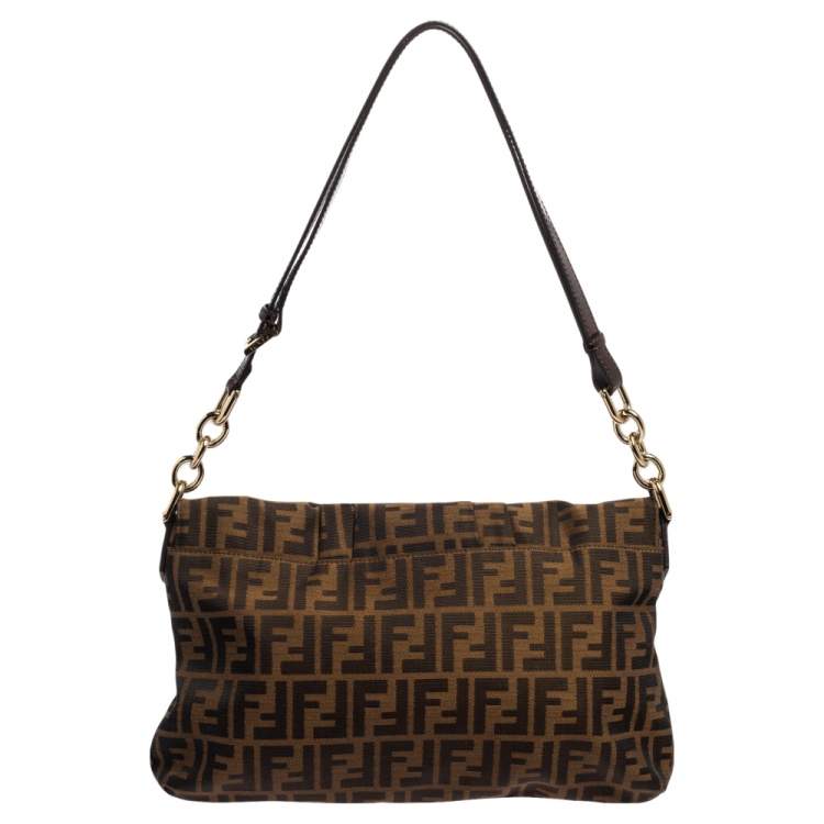 Pre Owned Fendi Tobacco Zucca Canvas and Patent Leather Mia Flap Shoulder Bag
