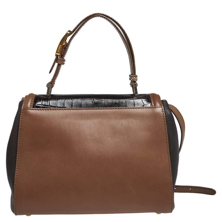 Pre Owned Fendi Black/Brown Stingray, Crocodile and Leather Silvana Top Handle Bag