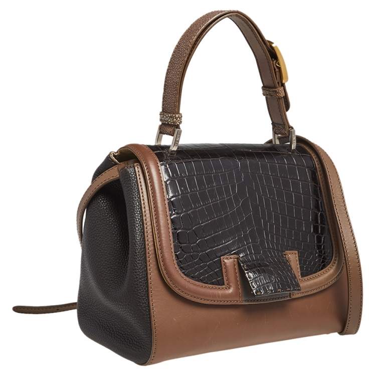Pre Owned Fendi Black/Brown Stingray, Crocodile and Leather Silvana Top Handle Bag