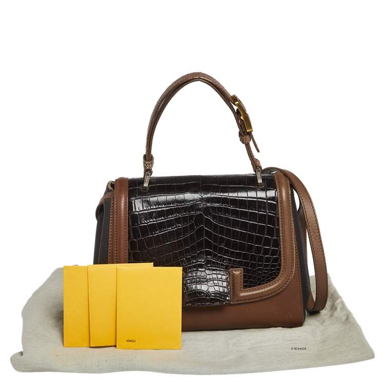 Pre Owned Fendi Black/Brown Stingray, Crocodile and Leather Silvana Top Handle Bag