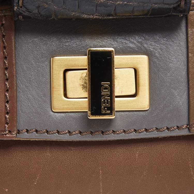 Pre Owned Fendi Black/Brown Stingray, Crocodile and Leather Silvana Top Handle Bag