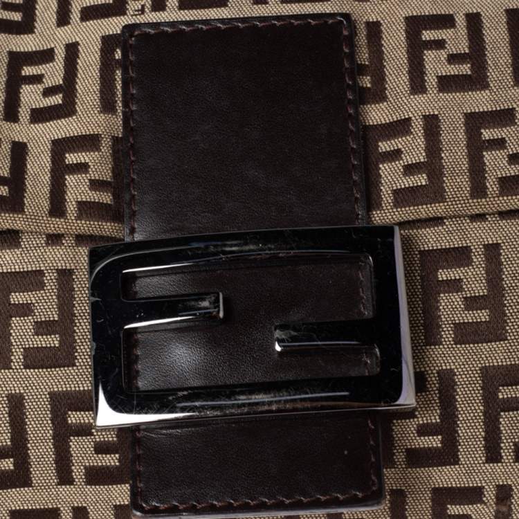 Pre Owned Fendi Beige/Brown Zucchino Canvas and Leather Baguette Flap Bag