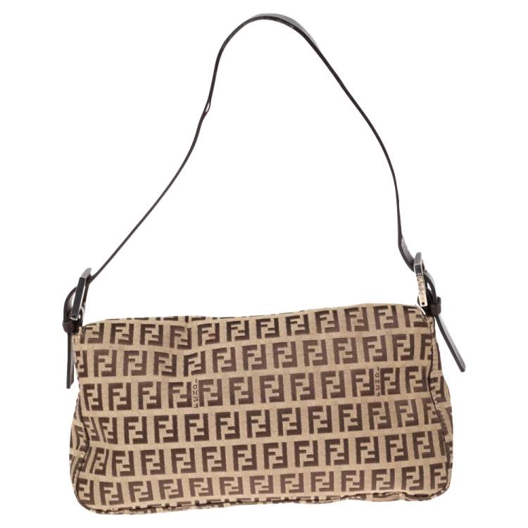 Pre Owned Fendi Beige/Brown Zucchino Canvas and Leather Baguette Flap Bag