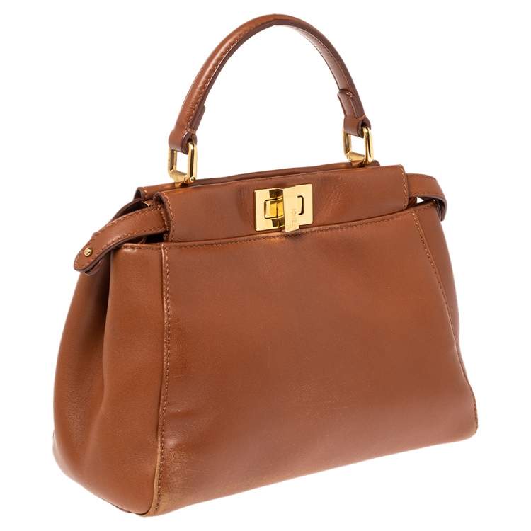 Pre Owned Fendi Tan Leather Mini Peekaboo Top Handle Bag