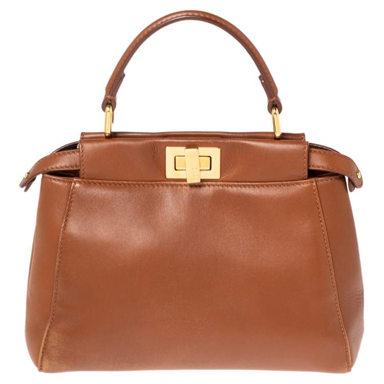 Pre Owned Fendi Tan Leather Mini Peekaboo Top Handle Bag