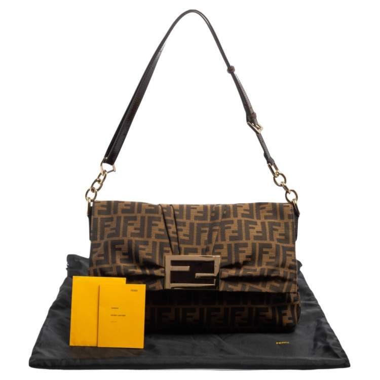 Pre Owned Fendi Tobacco Zucca Canvas and Patent Leather Mia Flap Shoulder Bag