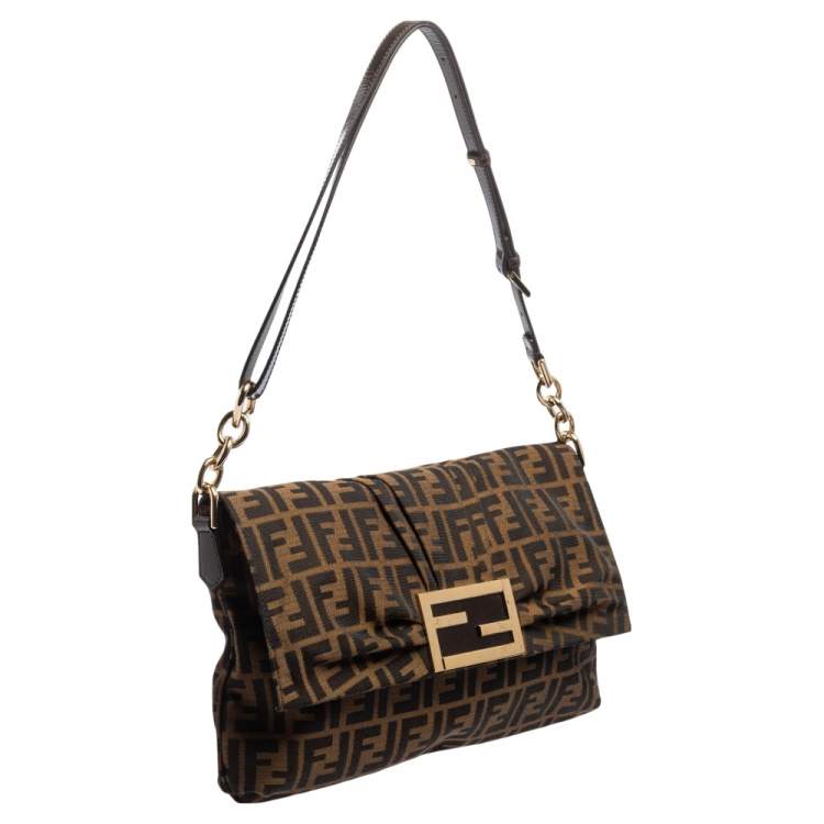 Pre Owned Fendi Tobacco Zucca Canvas and Patent Leather Mia Flap Shoulder Bag