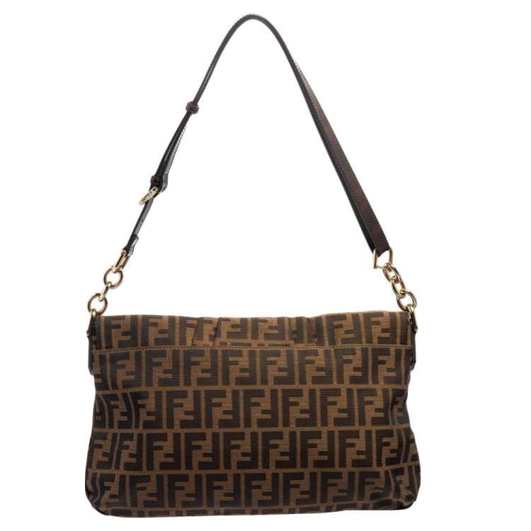 Pre Owned Fendi Tobacco Zucca Canvas and Patent Leather Mia Flap Shoulder Bag