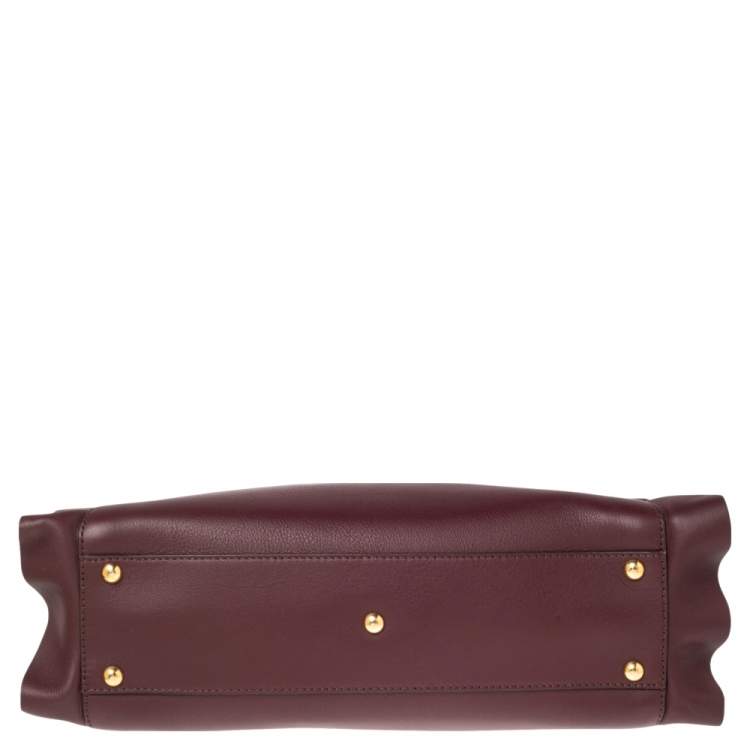 Pre Owned Fendi Burgundy Leather Medium Peekaboo Ruffle Top Handle Bag