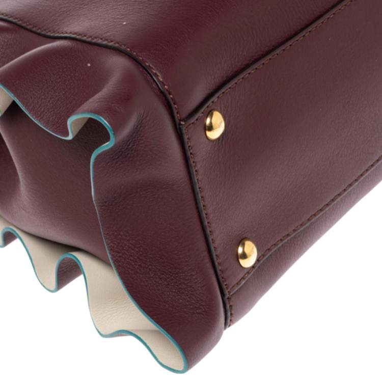 Pre Owned Fendi Burgundy Leather Medium Peekaboo Ruffle Top Handle Bag