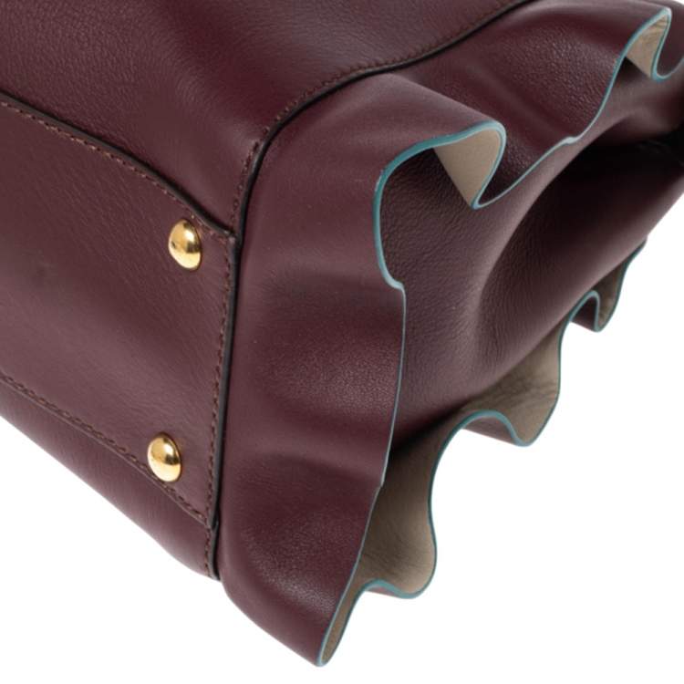 Pre Owned Fendi Burgundy Leather Medium Peekaboo Ruffle Top Handle Bag