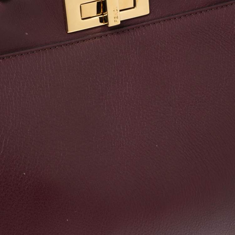 Pre Owned Fendi Burgundy Leather Medium Peekaboo Ruffle Top Handle Bag