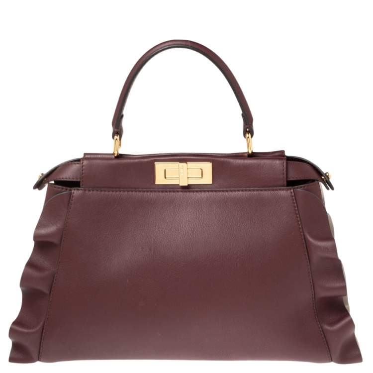 Pre Owned Fendi Burgundy Leather Medium Peekaboo Ruffle Top Handle Bag