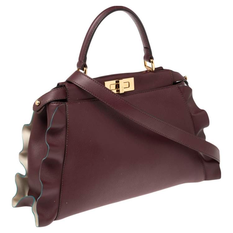 Pre Owned Fendi Burgundy Leather Medium Peekaboo Ruffle Top Handle Bag