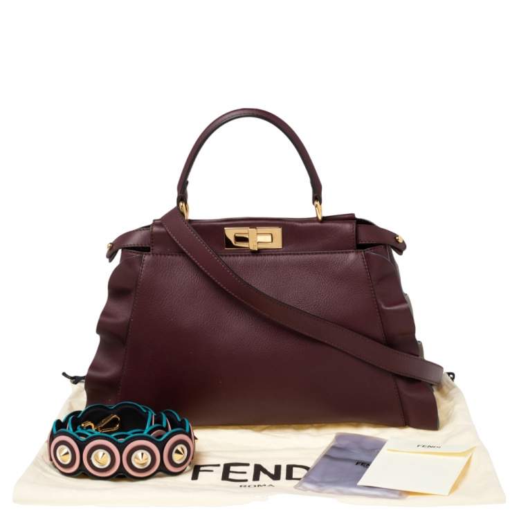 Pre Owned Fendi Burgundy Leather Medium Peekaboo Ruffle Top Handle Bag
