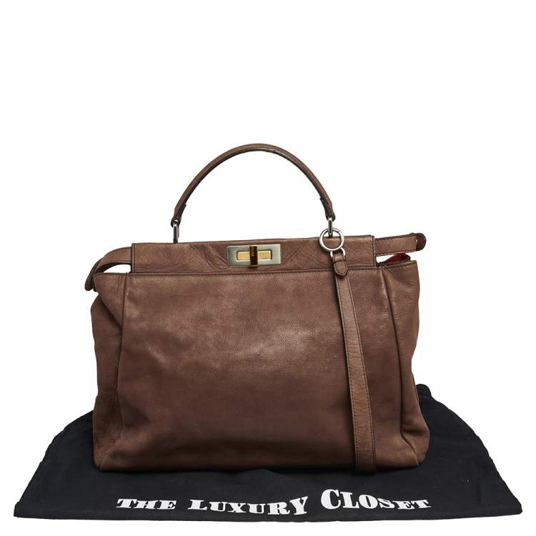 Pre Owned Fendi Brown Leather and Python Lining Large Peekaboo Top Handle Bag