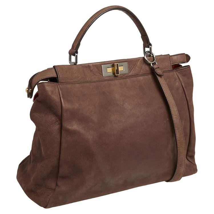 Pre Owned Fendi Brown Leather and Python Lining Large Peekaboo Top Handle Bag
