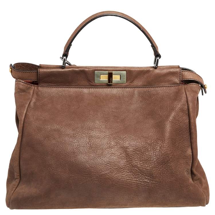 Pre Owned Fendi Brown Leather and Python Lining Large Peekaboo Top Handle Bag