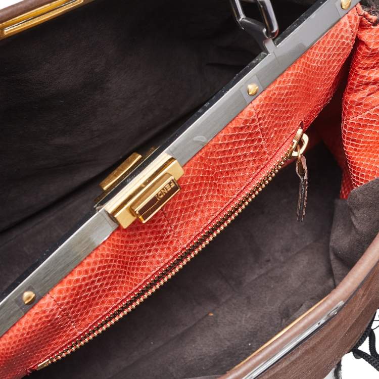 Pre Owned Fendi Brown Leather and Python Lining Large Peekaboo Top Handle Bag