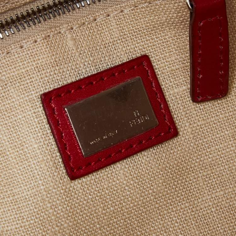 Pre Owned Fendi Red Canvas and Leather Trim Maxi Baguette Embellished Flap Shoulder Bag