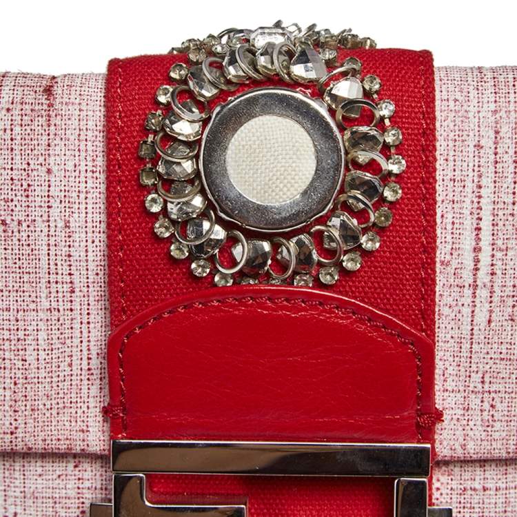 Pre Owned Fendi Red Canvas and Leather Trim Maxi Baguette Embellished Flap Shoulder Bag