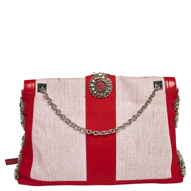 Pre Owned Fendi Red Canvas and Leather Trim Maxi Baguette Embellished Flap Shoulder Bag