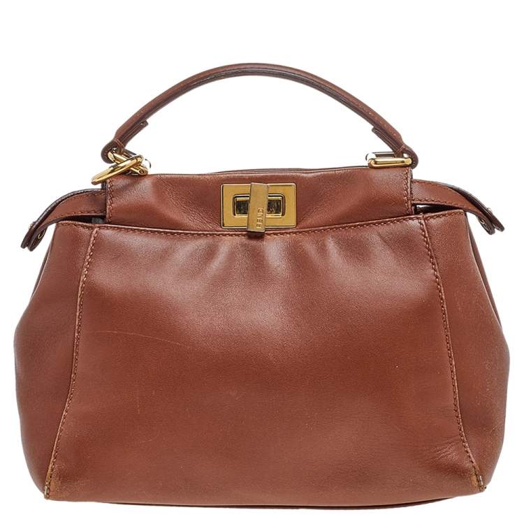 Pre Owned Fendi Brown Leather Mini Peekaboo Top Handle Bag