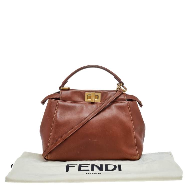 Pre Owned Fendi Brown Leather Mini Peekaboo Top Handle Bag