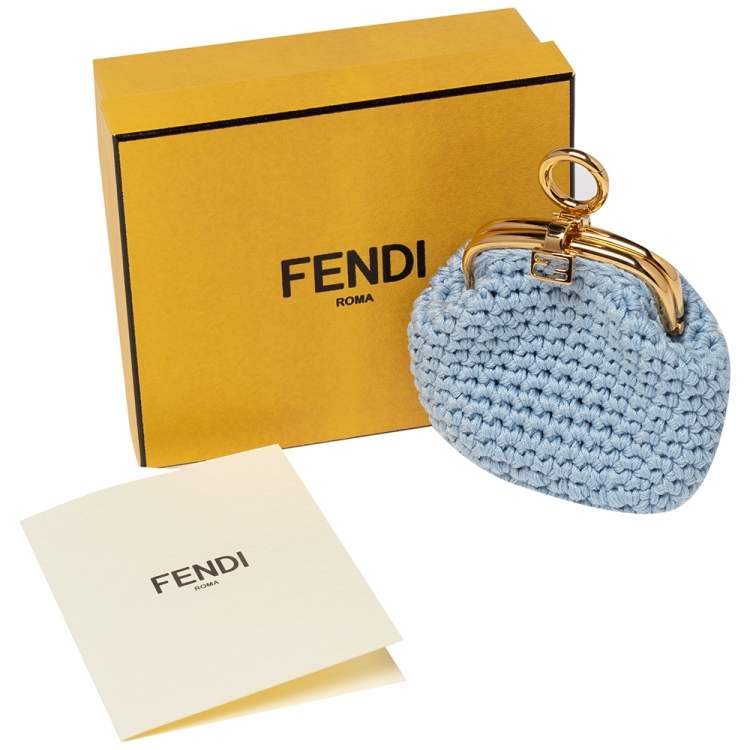 Pre Owned Fendi Light Blue Woven Fabric Framed Coin Purse