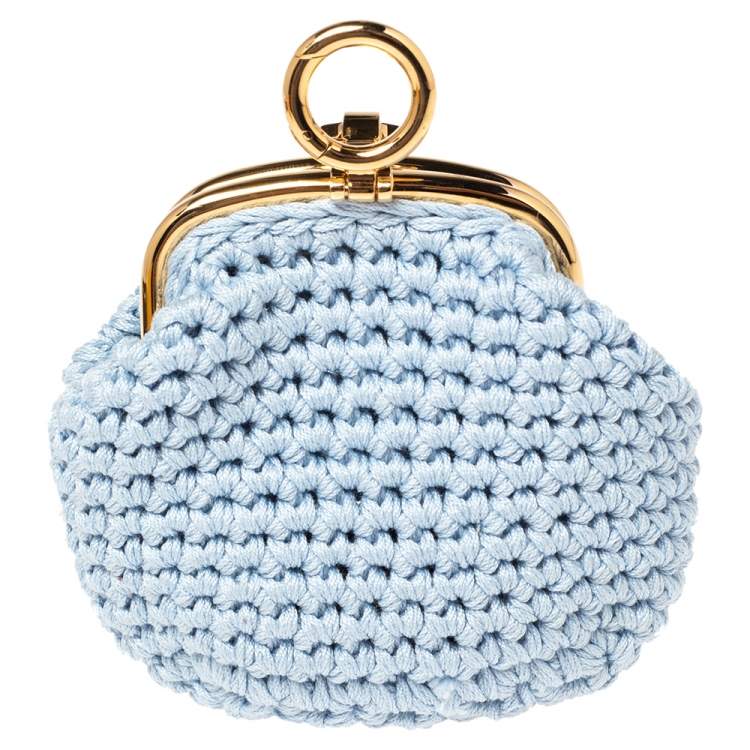 Pre Owned Fendi Light Blue Woven Fabric Framed Coin Purse