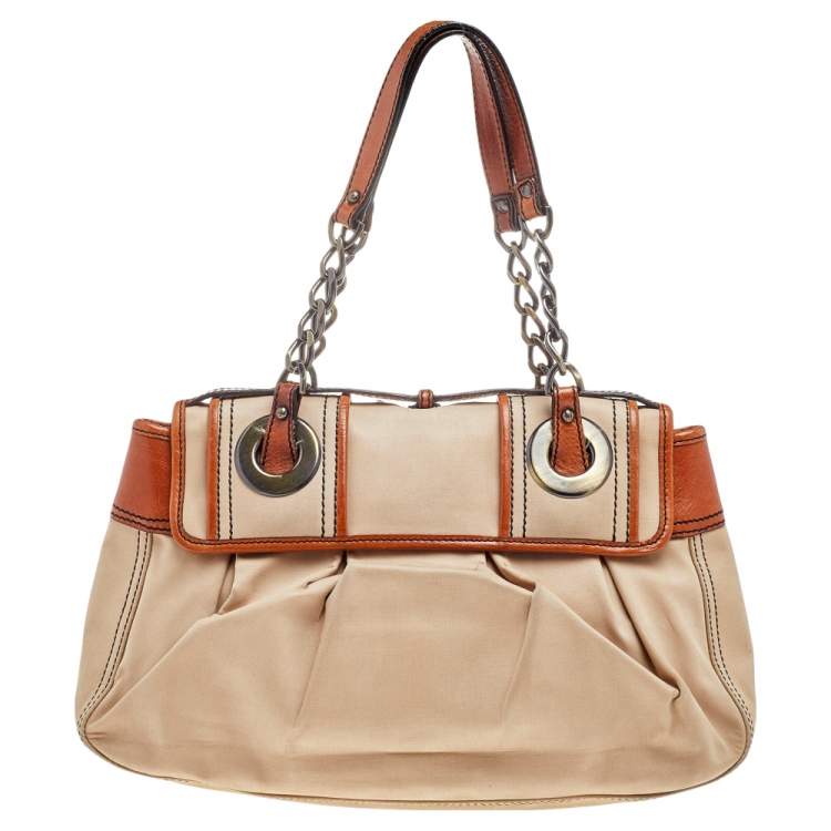 Pre Owned Fendi Beige/Tan Fabric And Leather B Bag Satchel