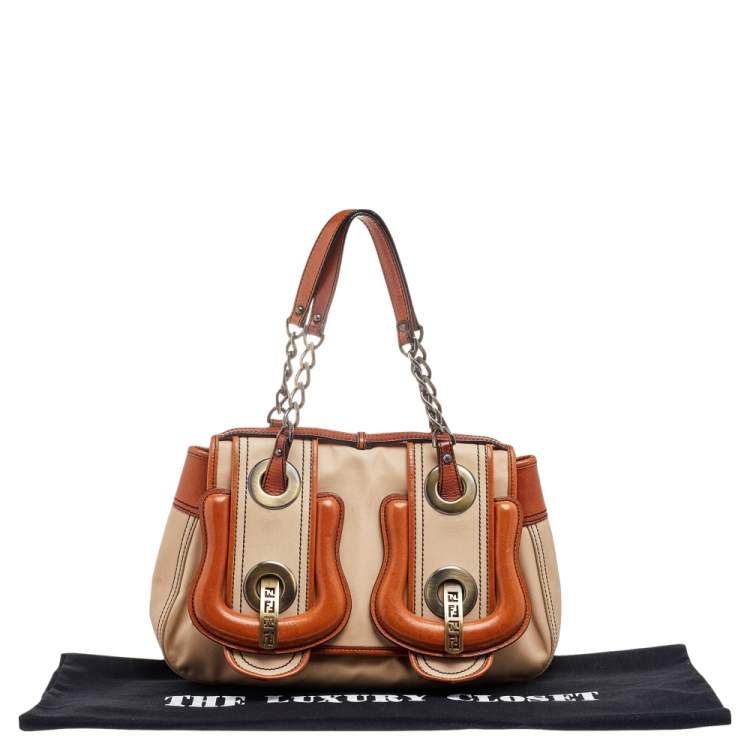Pre Owned Fendi Beige/Tan Fabric And Leather B Bag Satchel