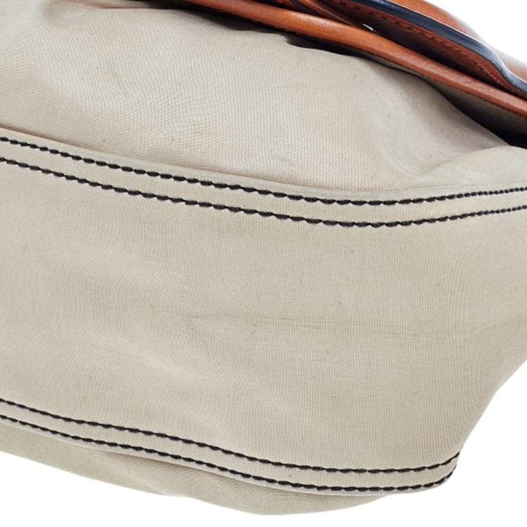 Pre Owned Fendi Beige/Tan Fabric And Leather B Bag Satchel