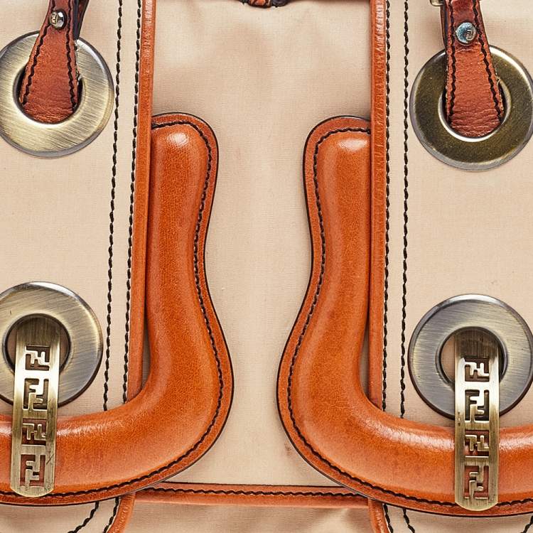 Pre Owned Fendi Beige/Tan Fabric And Leather B Bag Satchel