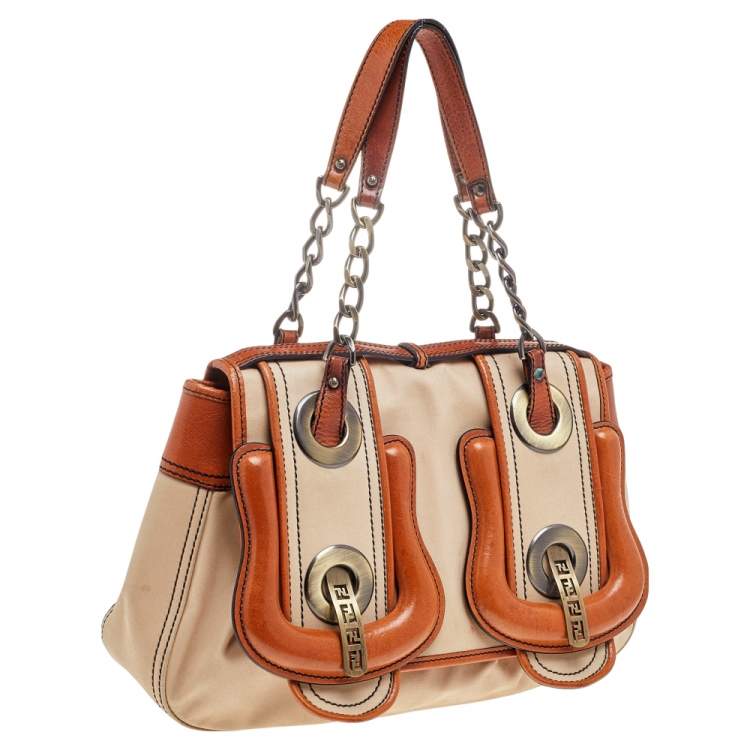 Pre Owned Fendi Beige/Tan Fabric And Leather B Bag Satchel