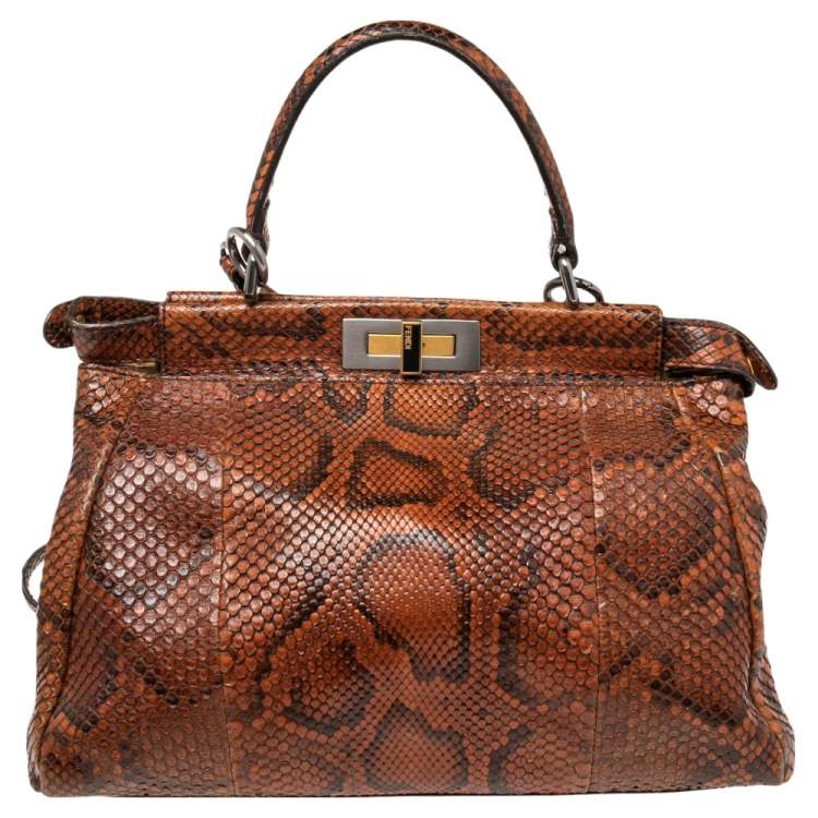 Pre Owned Fendi Brown Python Medium Peekaboo Top Handle Bag