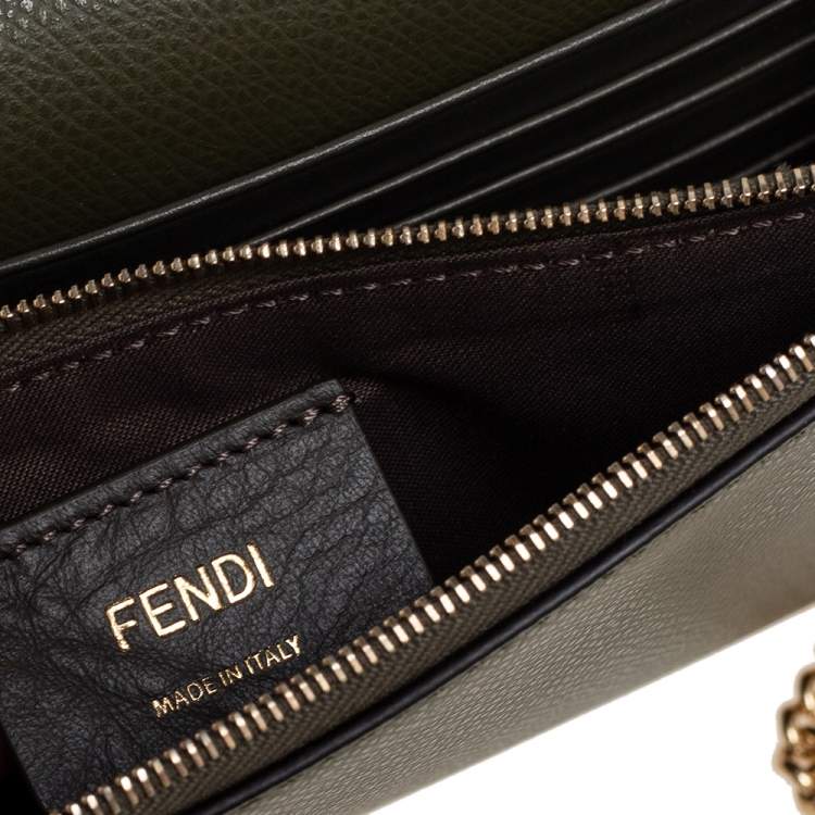 Pre Owned Fendi Olive Green Leather F Wallet On Chain 