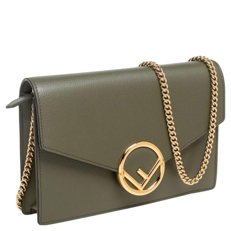 Pre Owned Fendi Olive Green Leather F Wallet On Chain 