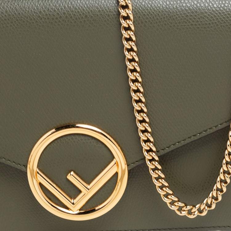 Pre Owned Fendi Olive Green Leather F Wallet On Chain 