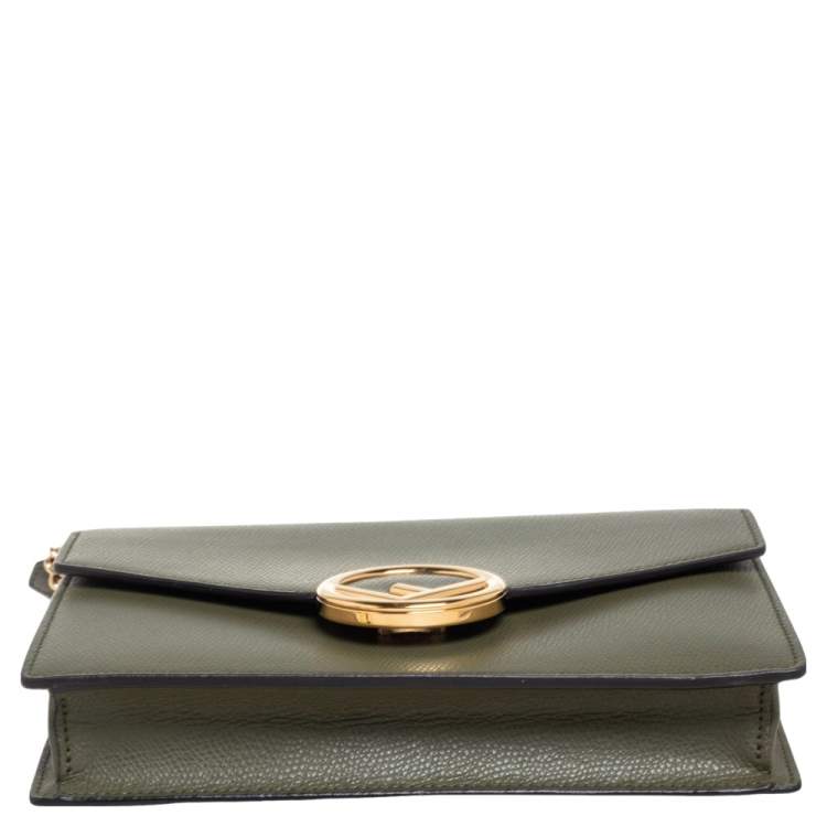 Pre Owned Fendi Olive Green Leather F Wallet On Chain 