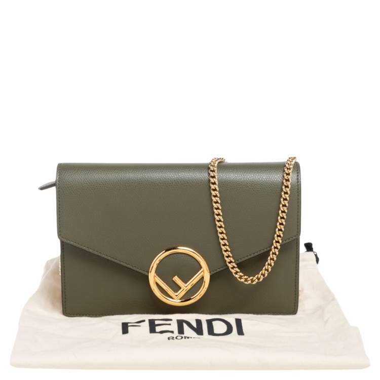 Pre Owned Fendi Olive Green Leather F Wallet On Chain 