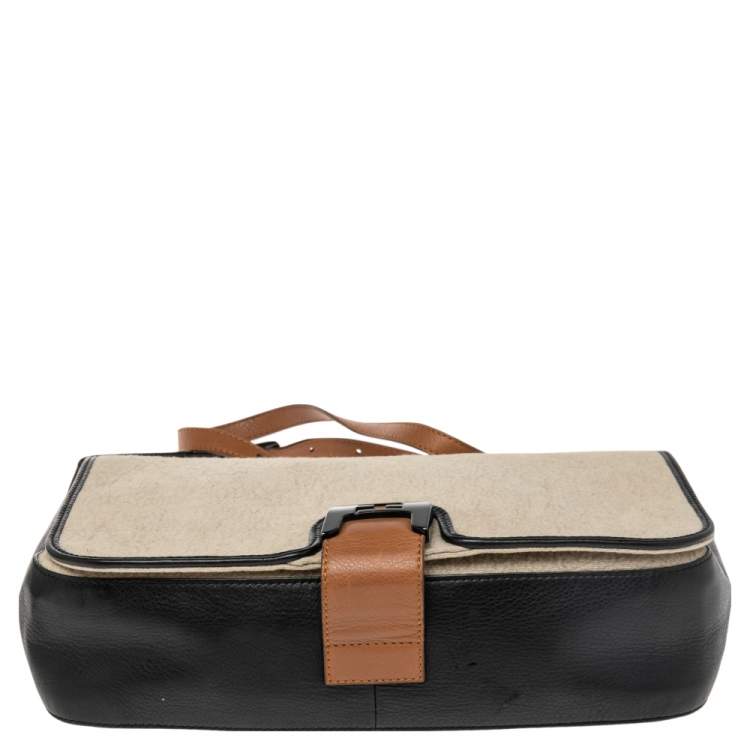 Pre Owned Fendi Black/Off White Leather and Textured Fabric Chameleon Shoulder Bag