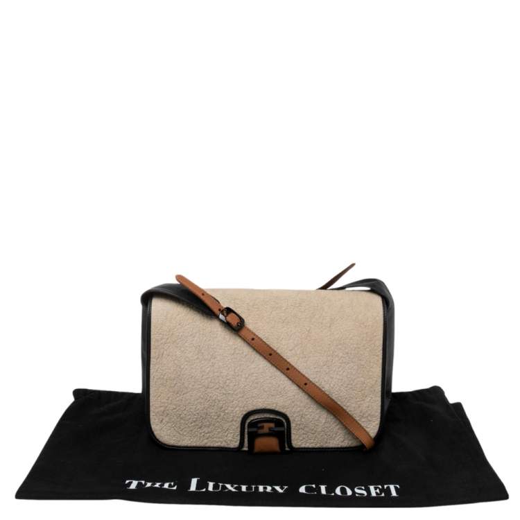 Pre Owned Fendi Black/Off White Leather and Textured Fabric Chameleon Shoulder Bag